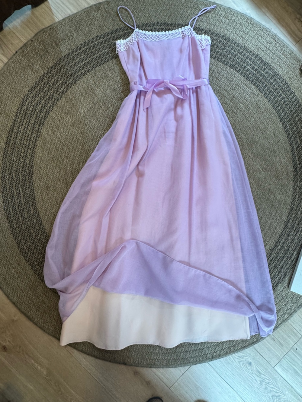 vintage lavender maxi dress white lace trim straight neckline spaghetti straps - Picture 11 of 13
